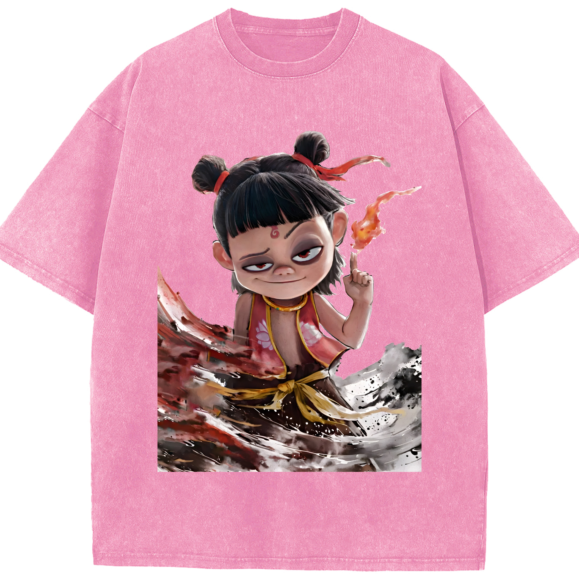 （画像用） Ne Zha 2 ナタ 魔童の大暴れ 綿100% ヴィンテージ風 半袖Tシャツ（フロントプリント）